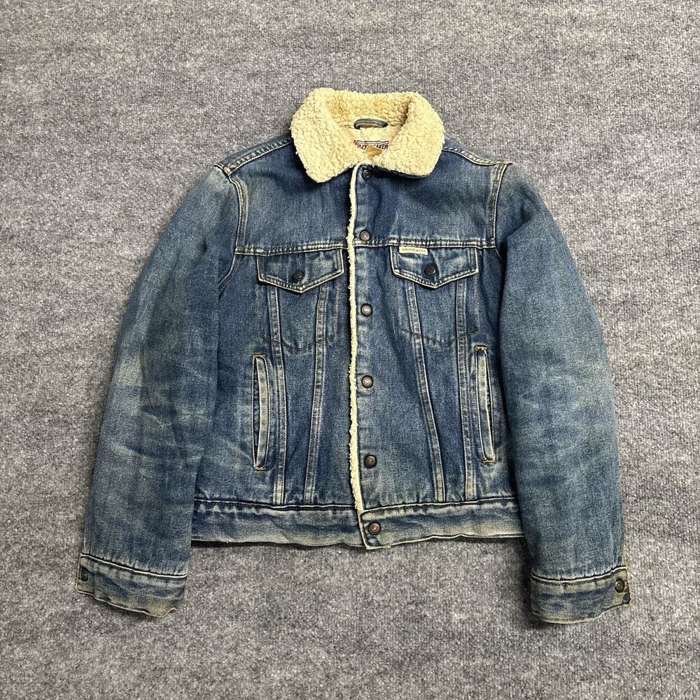 Vintage “Windbreaker” Denim Trucker Sherpa Lined Jacket Mens Small